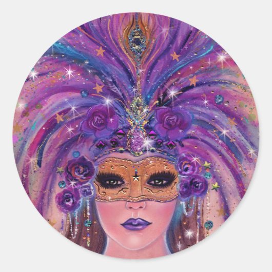 Mardi Gras fantasievrouw in masker van Renee Lavoi Ronde Sticker (Voorkant)