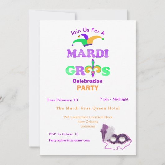 Mardi Gras Fat Dinsdag Fun Party Theme Uitnodigen Kaart (Voorkant)