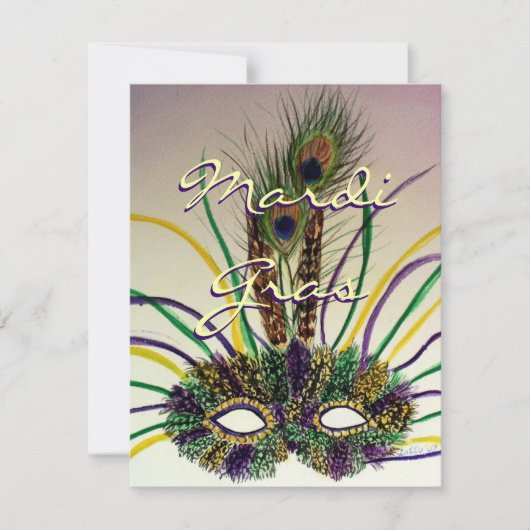 Mardi Gras Feather Mask Gepersonaliseerd Party Inv Kaart (Voorkant)