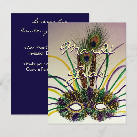 Mardi Gras Feather Mask Gepersonaliseerd Party Inv Kaart (Voorkant / Achterkant)