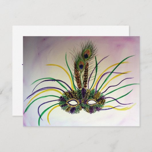 Mardi Gras Feather Mask Invitation of Invites Kaart (Voorkant / Achterkant)