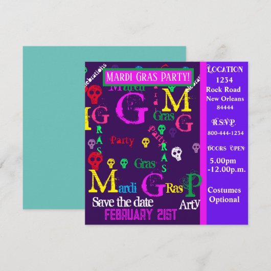 MARDI GRAS Feest   Kaart (Voorkant / Achterkant)