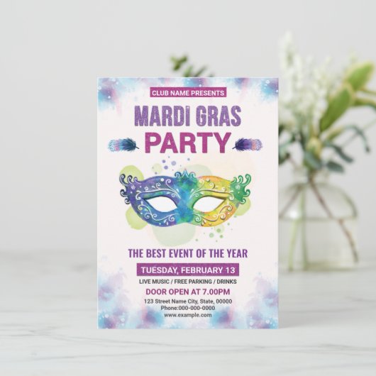 Mardi Gras-feest uitnodiging (Staand voorkant)