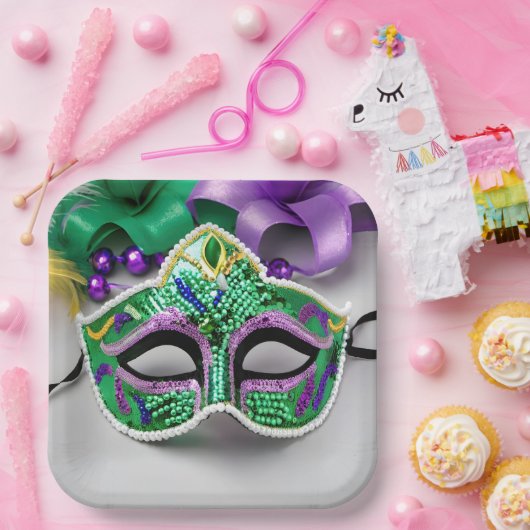 Mardi Gras Feestmasker en kralen Papieren Bordje (Feest)