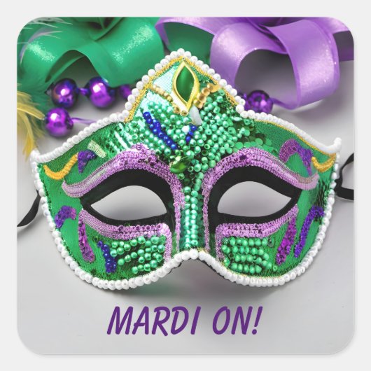 Mardi Gras Feestmasker en kralen Vierkante Sticker (Voorkant)