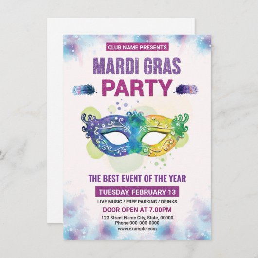 Mardi Gras-feestuitnodiging Kaart (Voorkant / Achterkant)