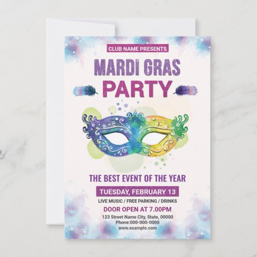 Mardi Gras-feestuitnodiging Kaart (Voorkant)