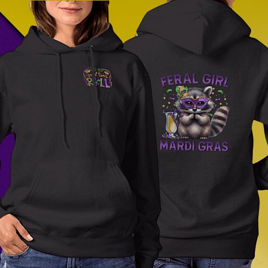 Mardi Gras Feral Girl Raccoon Pullover Hoodie