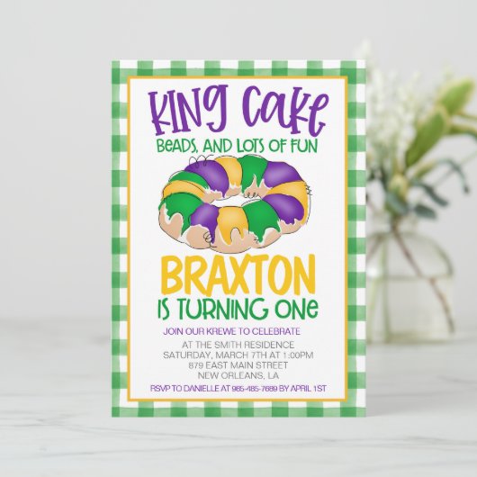 Mardi Gras First Birthday Invitation Kaart (Staand voorkant)