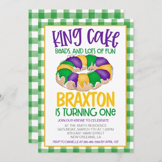 Mardi Gras First Birthday Invitation Kaart (Voorkant / Achterkant)