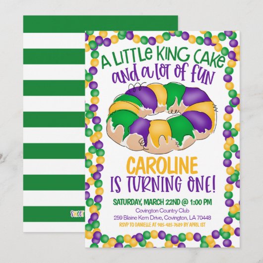 Mardi Gras First Birthday Invitation Kaart (Voorkant / Achterkant)