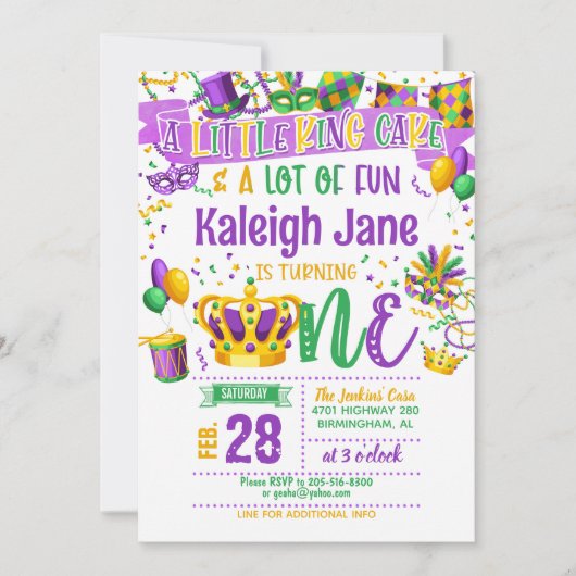 Mardi Gras First Birthday Invitation Kaart (Voorkant)