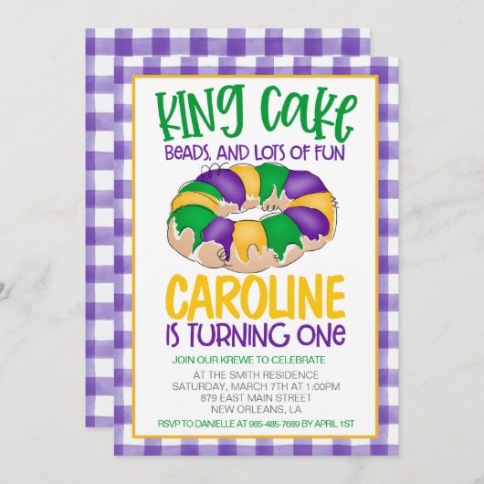 Mardi Gras First Birthday Invitation Kaart (Voorkant / Achterkant)