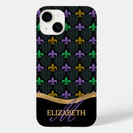 Mardi Gras Fleur De Lis Faux Glitter Monogram Case-Mate iPhone 14 Hoesje
