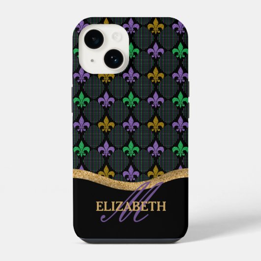 Mardi Gras Fleur De Lis Faux Glitter Monogram iPhone Hoesje (Achterkant)