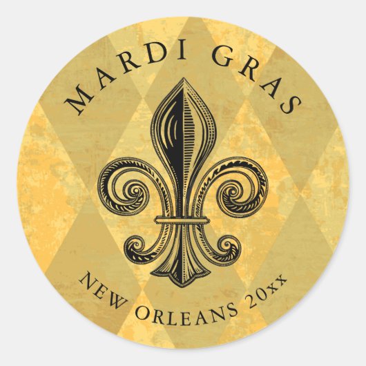 Mardi Gras Fleur-de-lis Harlequin Add Year Ronde Sticker (Voorkant)