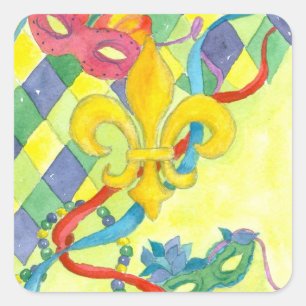 Mardi Gras Fleur De Lis Masker Gele Waterverf Vierkante Sticker