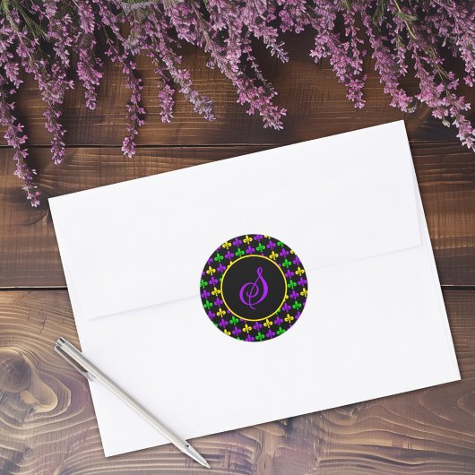 Mardi Gras Fleur de Lis Patroon Aangepast Monogram Ronde Sticker