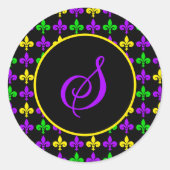 Mardi Gras Fleur de Lis Patroon Aangepast Monogram Ronde Sticker (Voorkant)