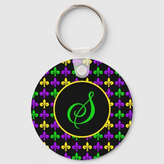 Mardi Gras Fleur de Lis Patroon Aangepast Monogram Sleutelhanger (Voorkant)
