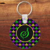Mardi Gras Fleur de Lis Patroon Aangepast Monogram Sleutelhanger (Voorkant)