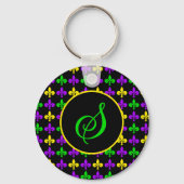 Mardi Gras Fleur de Lis Patroon Aangepast Monogram Sleutelhanger (Achterkant)