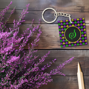 Mardi Gras Fleur de Lis Patroon Aangepast Monogram Sleutelhanger