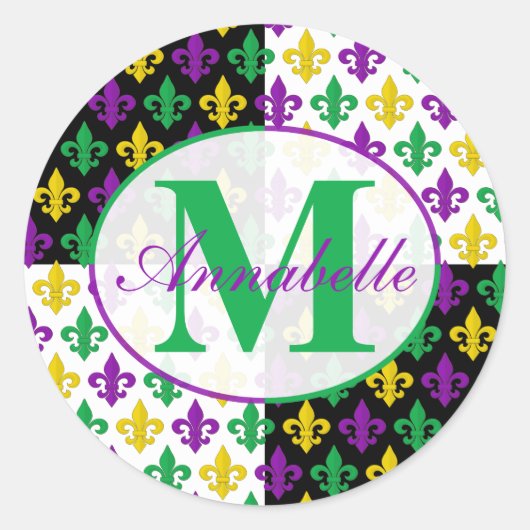 Mardi Gras Fleur-de-lis Patroon Gepersonaliseerd Ronde Sticker (Voorkant)