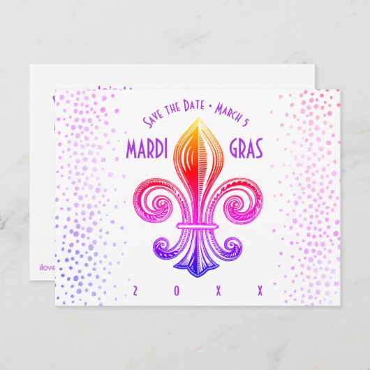 Mardi Gras Fleur De Lis Rainbow Confetti Uitnodiging Briefkaart (Voorkant / Achterkant)