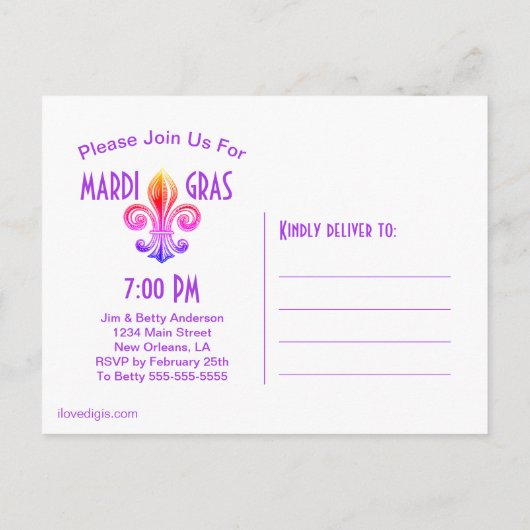 Mardi Gras Fleur De Lis Rainbow Confetti Uitnodiging Briefkaart (Achterkant)