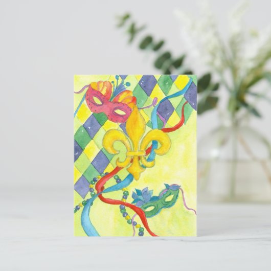 Mardi Gras Fleur De Lis Waterverf Art Yellow Briefkaart (Staand voorkant)