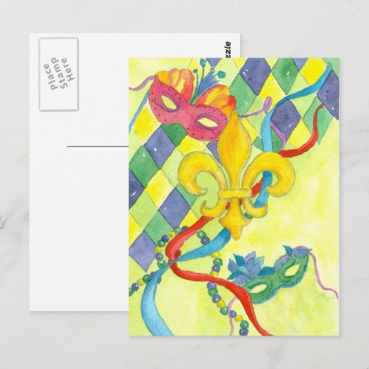 Mardi Gras Fleur De Lis Waterverf Art Yellow Briefkaart (Voorkant / Achterkant)