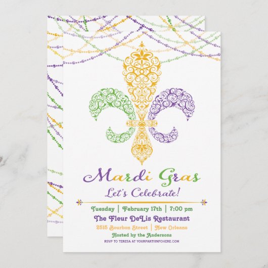 Mardi Gras Fleur DeLis Party Invitation Kaart (Voorkant / Achterkant)