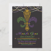 Mardi Gras Fleur DeLis Party Invitation on Black Kaart (Voorkant)