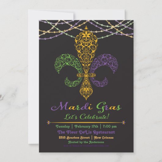 Mardi Gras Fleur DeLis Party Invitation on Black Kaart (Voorkant)