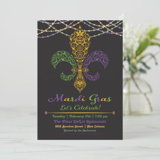 Mardi Gras Fleur DeLis Party Invitation on Black Kaart (Staand voorkant)