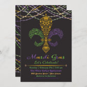 Mardi Gras Fleur DeLis Party Invitation on Black Kaart (Voorkant / Achterkant)