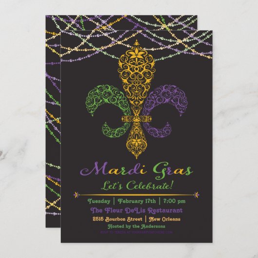 Mardi Gras Fleur DeLis Party Invitation on Black Kaart (Voorkant / Achterkant)