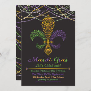 Mardi Gras Fleur DeLis Party Invitation on Black Kaart