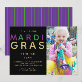 Mardi Gras Foto Uitnodiging - Modern Paars Groen