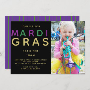 Mardi Gras Foto Uitnodiging - Modern Paars Groen