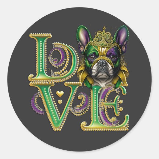 Mardi Gras French Bulldog Word LOVE Masquerade Ronde Sticker (Voorkant)