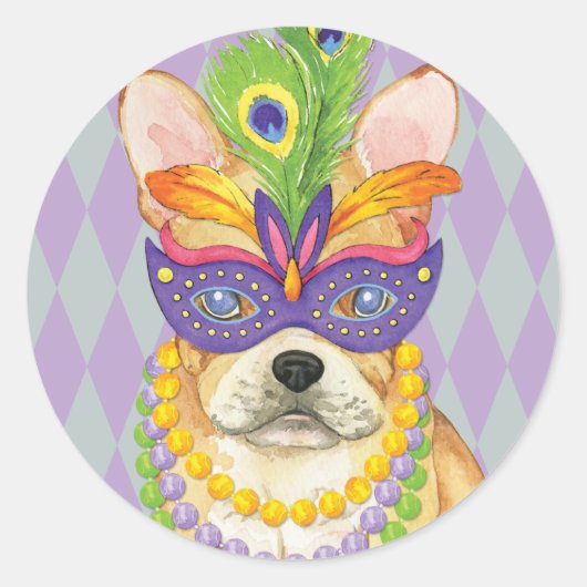 Mardi Gras Frenchie Ronde Sticker (Voorkant)