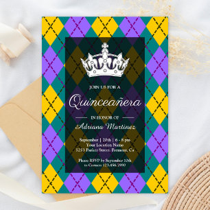 Mardi Gras Geel Paarse Argyle Kroon Quinceanera Kaart