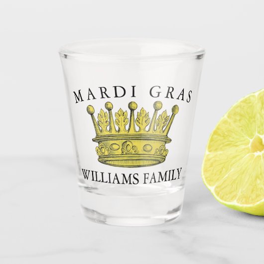 Mardi Gras Gele Kroon Familienaam Monogram Shot Glas (Voorkant)