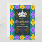 Mardi Gras Gele Paarse Argyle Crown Quinceanera Kaart (Voorkant)