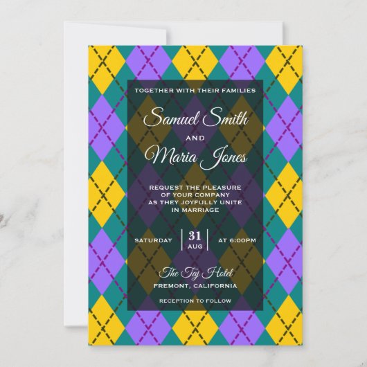 Mardi Gras Gele Paarse Argyle Huwelijksuitnodiging Kaart (Voorkant)