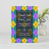 Mardi Gras Gele Paarse Argyle Huwelijksuitnodiging Kaart (Staand voorkant)