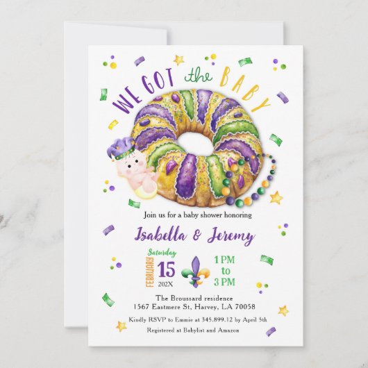 Mardi Gras Gender Reveal Lt Skin Tone Invitation Kaart (Voorkant)