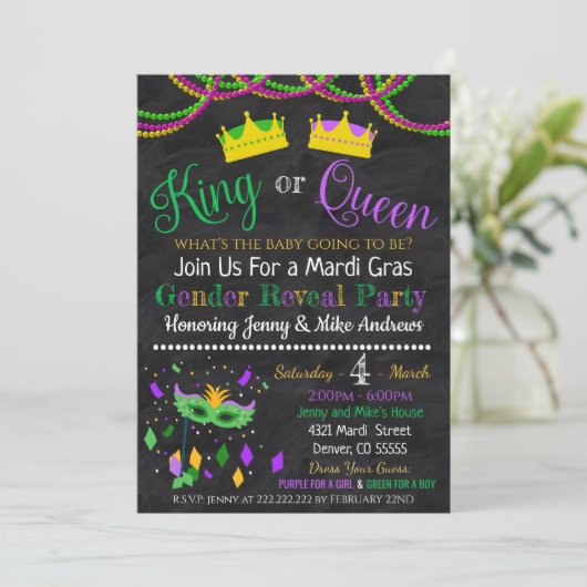 Mardi Gras Gender Reveal Party Uitnodiging (Staand voorkant)
